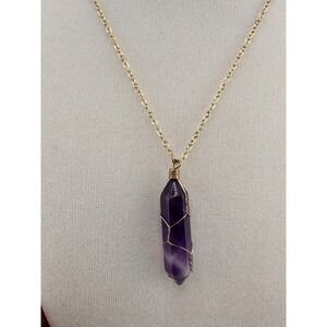 Amethyst Crystal Point Wire Wrapped Necklace New 14K Gold Plated Stainless Steel